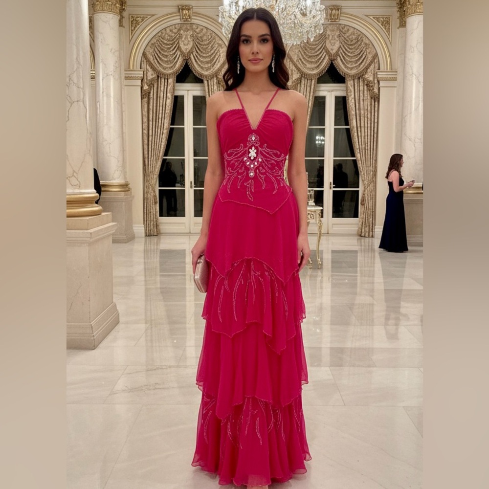 Elegant fuchsia pink hand beaded formal Attitudes by‎ Debra Halter dress